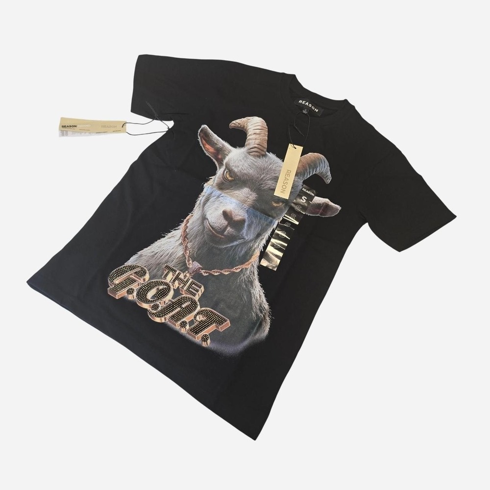 Black Reason goat tee Black Gold Rhinestones- Small